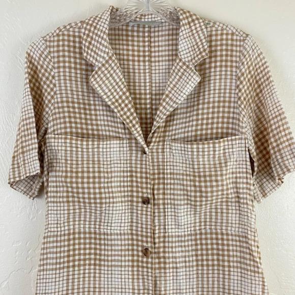 Everlane 100% Linen Dress Plaid Cream Tan Mini Short Sleeve XS Shirtdress Pocket - Picture 7 of 9